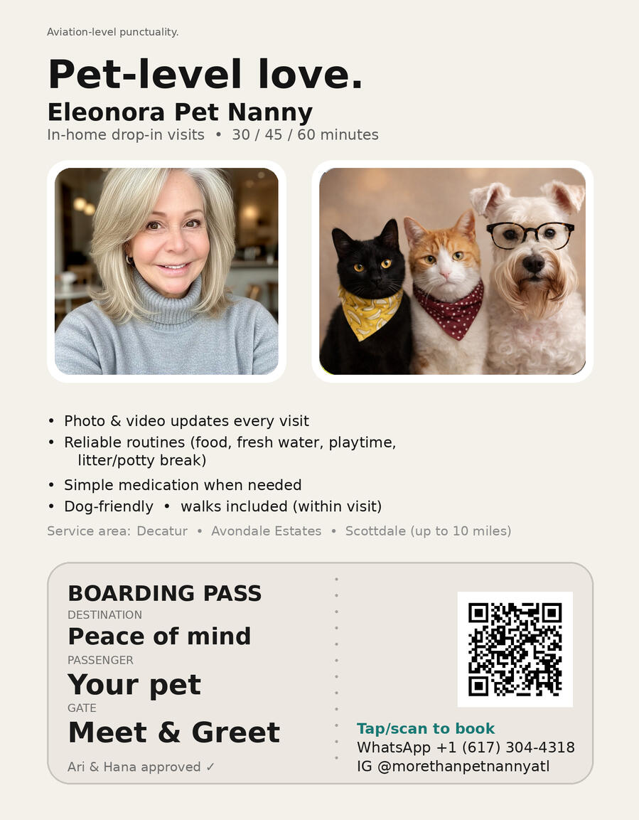In-home drop-in visits & walks for cats + dogs Scottdale. Decatur. Avondale Estates Photo/video updates every visit. Same sitter (me) Background check available. Hours flexible by request !